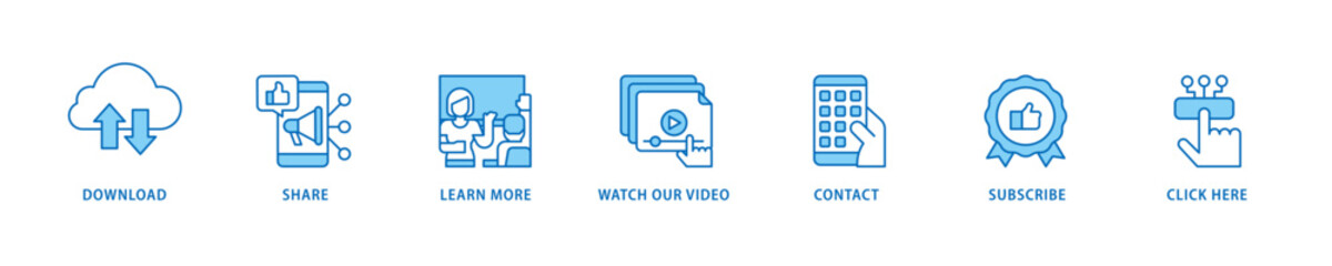 Call to action icon set flow process which consists of  click here, watch our video, subscribe, contact, learn more, share, download icon live stroke and easy to edit .
