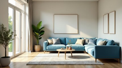 Fototapeta premium Modern Living Room with Sectional Sofa and Sunlight Streaming Through Large Windows
