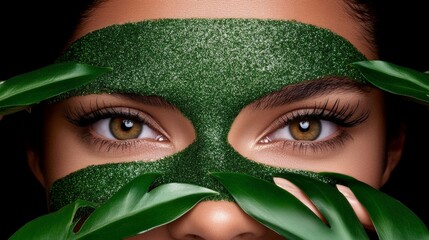 Green Algae Face Mask: A close-up shot showcasing a woman with a luxurious green algae face mask, framed by vibrant green leaves.  The image emphasizes natural beauty and skincare. 