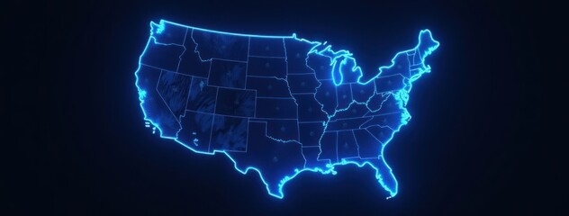 USA Map with Glowing Blue Outline. Great for use in educational materials, travel websites, and presentations 