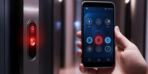 Businessman using smartphone to control smart home devices and opening door