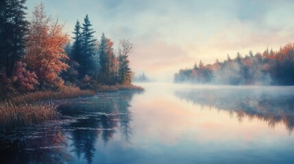 Fototapeta premium Serene Autumn Dawn: Misty Lake Reflections