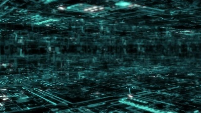 A high-tech, digital crafted abstract motion grid set in a cyber environment, highlighting big data visualization and AI simulations, ideal for use as a dynamic digital background in motion graphic.