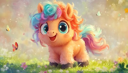 Naklejka premium Happy Pastel Pony in a Spring Meadow