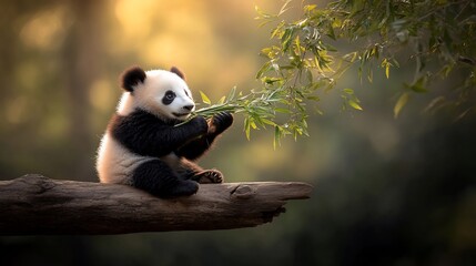 Obraz premium Baby panda eating bamboo on a branch.