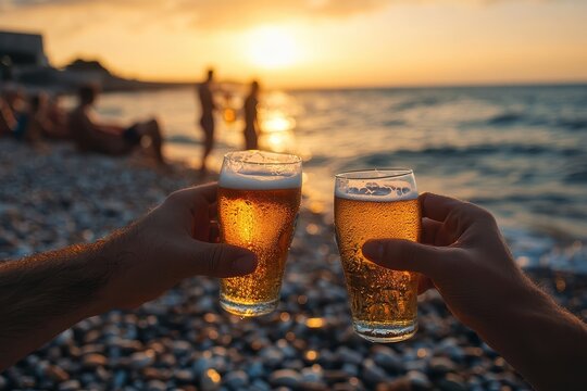 A diverse group of young friends cheers with beers and laughs on a pebble beach at sunset after swimming