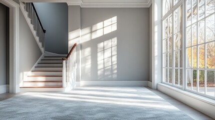 Obraz premium Sunlit staircase in modern home, autumnal view
