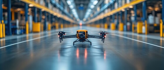 Drone in Industrial Warehouse: Aerial view of futuristic technology in logistics