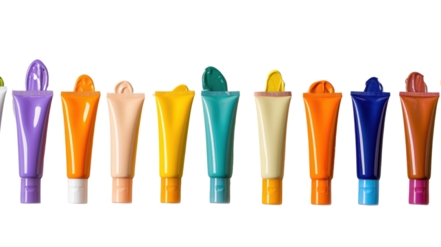 Colorful paint tubes showing their pigment on transparent background