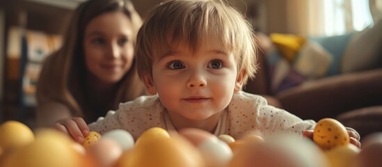 Toddler plays eggs, mom watches, home