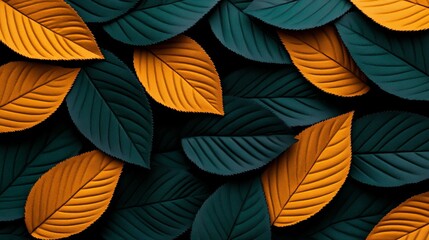 Emerald and Amber Embrace: A captivating pattern of overlapping green and amber leaves creates a visually striking abstract composition, capturing the essence of nature's harmonious beauty.