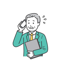 仕事が忙しく焦る高齢男性の上半身イラスト