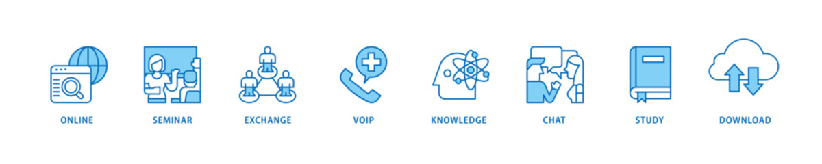 E-learning icon set flow process which consists of online, seminar, exchange, voip, knowledge, chat, study and download icon live stroke and easy to edit .