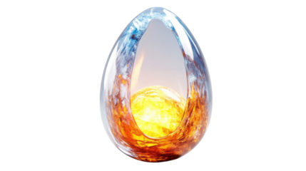 Transparent glass egg protecting glowing orange and blue core on transparent background