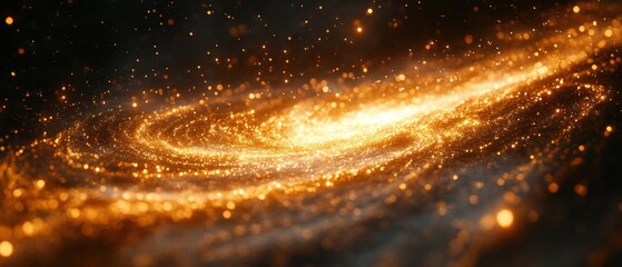 Glimmering Spiral Galaxy with Golden Stars and Cosmic Dust