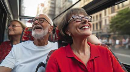 Happy senior tourists enjoying sightseeing bus tour in city center