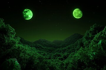 Fototapeta premium Two green moons over a lush, dark green forest.