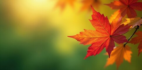 Obraz premium A Single Vibrant Autumn Leaf Illuminated by Warm Sunlight, Suspended Against a Softly Blurred Green and Gold Background, Evoking a Feeling of Serene Tranquility and the Beauty of Seasonal Change.