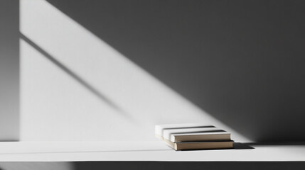 Sunlight illuminates stacked books on a minimalist surface.
