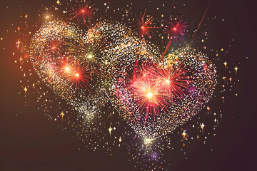 Two sparkling heart-shaped fireworks exploding in the dark night sky, creating a romantic and celebratory golden and red light display.