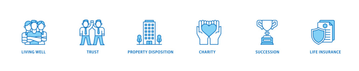 Estate planning icon set flow process which consists of living well, trust, property disposition, charity, succession, life insurance icon live stroke and easy to edit .