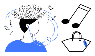 Person listening to music with headphones, flowers sprouting from head, musical notes floating around. Ideal for creativity, music therapy, nature inspiration, mindfulness, relaxation, mental health