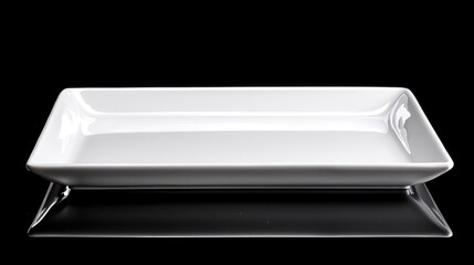 White rectangular plate on black background; food presentation
