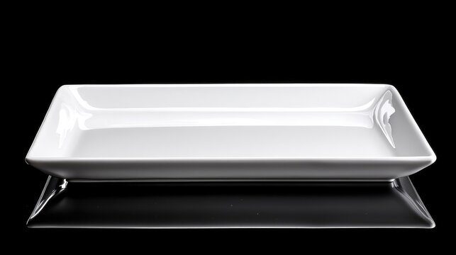 White rectangular plate on black background; food presentation