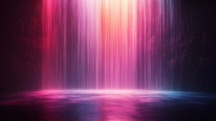 Vibrant Waterfall with Colorful Lights in Dark Cave