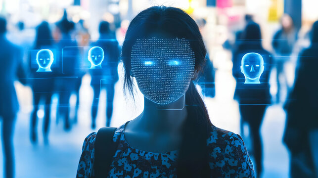 A person's face is digitally scanned and highlighted in a public space with facial recognition technology.