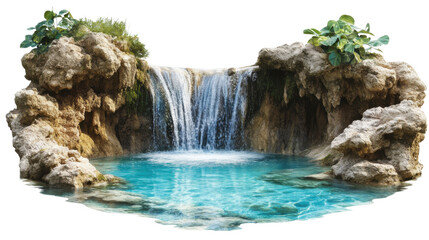 Tropical waterfall cascading into a transparent background oasis