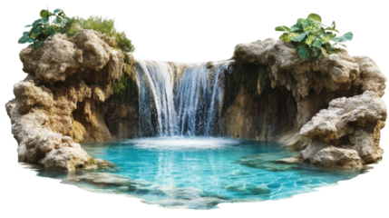 Tropical waterfall cascading into a transparent background oasis