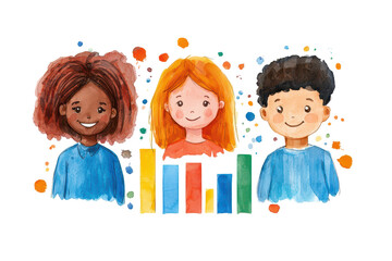Three illustrated children with diverse hairstyles and colorful clothing, accompanied by a bar graph in vibrant colors.
