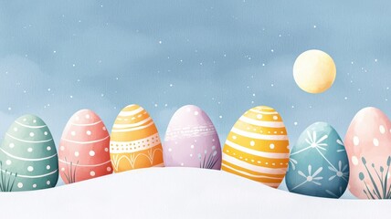 Colorful Easter eggs in snow with a sunny sky in the background. Easter day illustration.