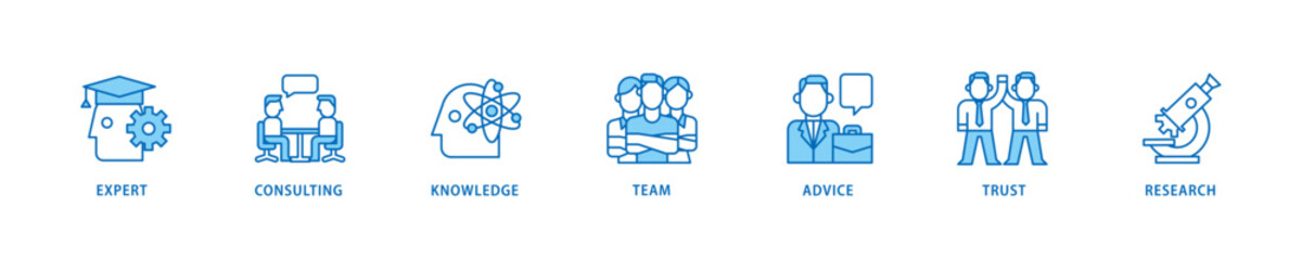 Expertise icon set flow process which consists of expert, consulting, knowledge, team, advice, trust, and research icon live stroke and easy to edit .