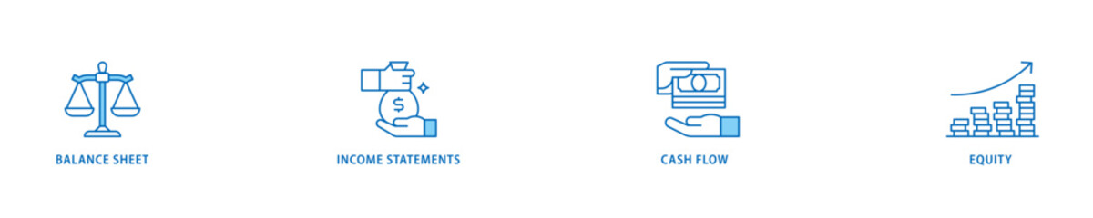 Financial statements icon set flow process which consists of graph, balance sheet, pie chart, income statements, money, calculator, income, earningicon live stroke and easy to edit .