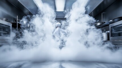 Chef amidst smoke in commercial kitchen.