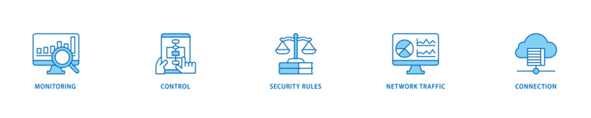 Firewall icon set flow process which consists of monitoring, control, security rules, network traffic and connection icon live stroke and easy to edit .