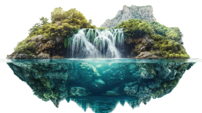 Floating island with waterfall on transparent background