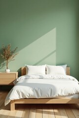 Serene Bedroom Design Light Wood Bed, Soft White Linens, and a Pale Green Wall with Sunlit Shadows