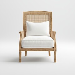 A stylish rattan chair with a plush white cushion, perfect for modern or coastal decor, offering comfort and elegance in any living space.