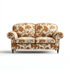 A floral-patterned, vintage-style sofa featuring soft curves and wooden legs, perfect for cozy living spaces.