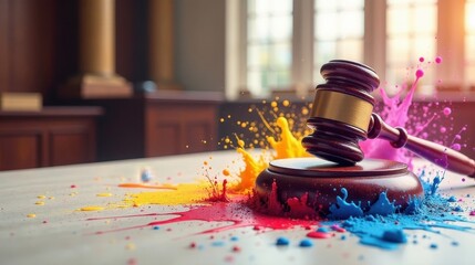 Gavel and vibrant color explosion on a surface; symbolic of legal battles and creative disputes