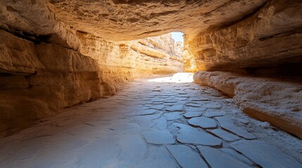 Sunlit path through narrow sandstone canyon.