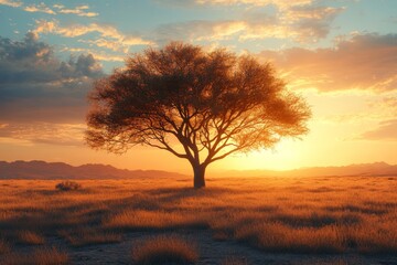 Obraz premium Tranquil Oasis: A Solitary Tree in the Desert Landscape Under the Vast Sky