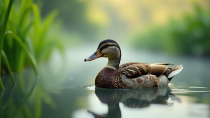 Fototapeta premium Serene waterfowl gracefully gliding on tranquil water, surrounded by lush greenery reflecting in the calm surface, a moment of peaceful coexistence in nature's embrace.