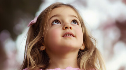 Fototapeta premium Little girl looking up with hope and wonder in a blurry background