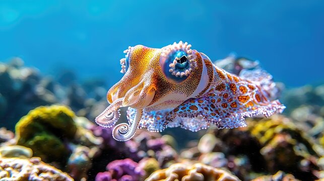 Flamboyant cuttlefish swimming coral reef underwater ocean