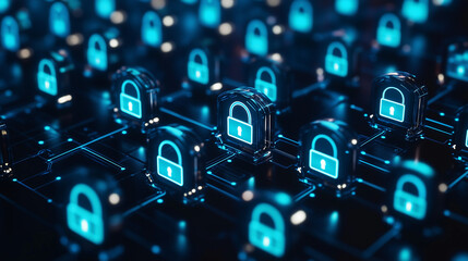 Glowing Network Nodes and Connections Representing Digital Security in a Blue and White Theme