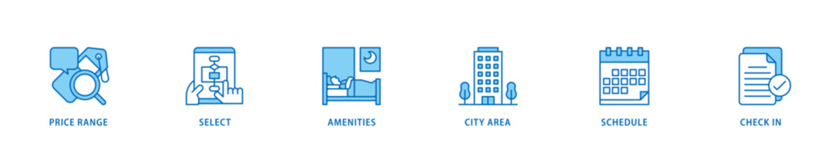 Hotel booking icon set flow process which consists of city area, check in, schedule, amenities, select, price range icon live stroke and easy to edit .